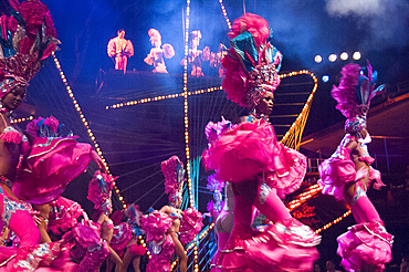 Dancing girls in elaborate pink feather outfits dancing at the Tropicana nightclub, Havana, Cuba, West Indies, Central America