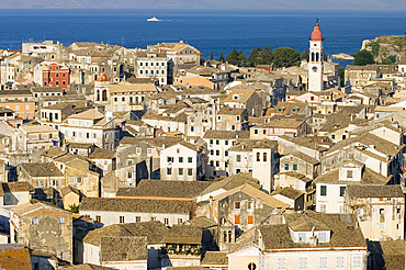 Aerial view of Corfu Old Town and St. Spyridonas belltower from the New Fort, Corfu, Ionian Islands, Greek Islands, Greece, Europe