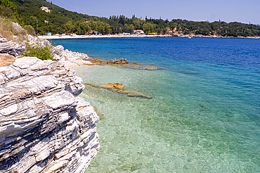 Sea and unusual rock formation at Kerasia, northeastern coast, Corfu, Ionian Islands, Greek Islands, Greece, Europe