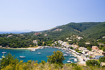 View looking down on the harbour at Ayios Stefanos, northeast coast, Corfu, Ionian Islands, Greek Islands, Greece, Europe