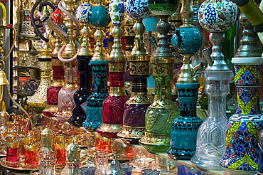 Colourful glass, ceramic and brass water pipes in the Grand Bazaar, Istanbul, Turkey, Europe, Eurasia