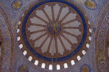 An interior view of an elaborately decorated dome in the Blue Mosque (Sultan Ahmet mosque), Istanbul, Turkey, Europe, Eurasia