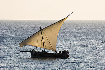 A traditional wooden dhow sailing near Stone Town at sunset, Zanzibar, Tanzania, East Africa, Africa