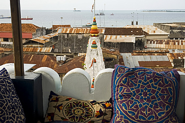 A view of Stone Town including the Hindu Temple from the roof terrace of 236 Hrumzi Hotel, formerly Emerson & Green, Stone Town, UNESCO World Heritage Site, Zanzibar, Tanzania, East Africa, Africa