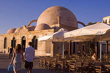 The Ottoman Mosque of Kutchuk Hasan on the harbour in the old town section of Hania, Crete, Greek Islands, Greece, Europe