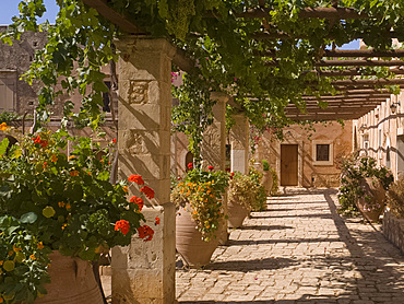 Flowers in the cloister at Arkadhi Monastery (Moni Arkadhi), twenty-five miles from Rethymnon, Crete, Greek Islands, Greece, Europe