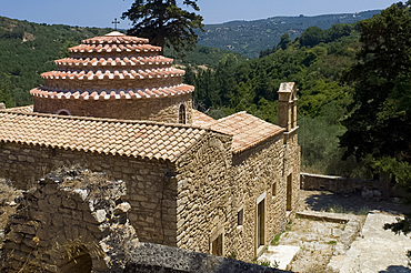 A view of the rotunda on the stone Church of the Archangel Michael in the village of Episkopi, Western Crete, Greek Islands, Greece, Europe