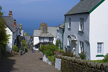 Steps leading down the main street in Clovelly, Devon, England, United Kingdom, Europe