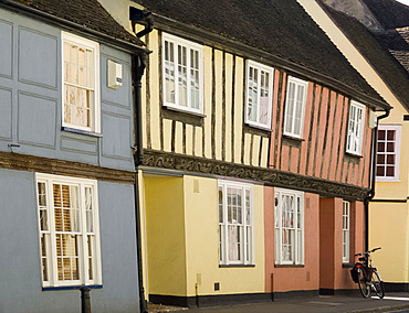 Pastel coloured timber frame houses in Coggeshall, Essex, England, United Kingdom, Europe