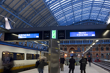 A Eurostar high speed train on the platform at St. Pancras station, London, England, United Kingdom, Europe