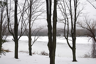 A frozen lake in winter, Lake Myosotis in Rensselaerville, New York State, United States of America, North America