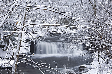 A waterfall in winter surrounded by snow covered trees, Rensselaerville, New York State, United States of America, North America