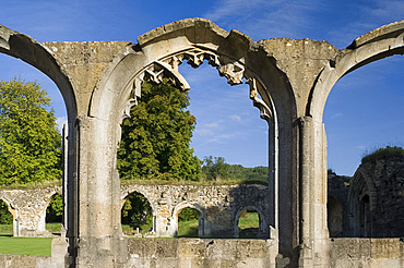 A view of the stone arches at the ruins of Winchcombe Abbey, Cheltenham, Gloucestershire, England, United Kingdom, Europe