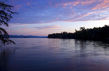 A view toward Dome Island at sunrise, Lake George, New York State, United States of America, North America