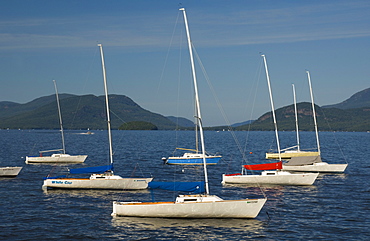 Sailboats moored in Lake George with Dome Island in the background, New York State, United States of America, North America