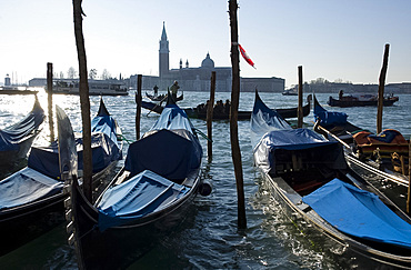 Gondolas on the Venice Lagoon on a winter morning, Venice, UNESCO World Heritage Site, Veneto, Italy, Europe