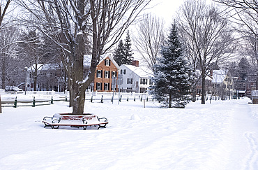 The Village Green covered with snow, Woodstock, Vermont, New England, United States of America, North America