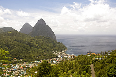 An aerial view of the Pitons and the town of Soufriere, St. Lucia, The Windward Islands, West Indies, Caribbean, Central America