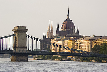 A view of Budapest including the Parliament building, The Chain Bridge and the Danube River, Budapest, Hungary, Europe