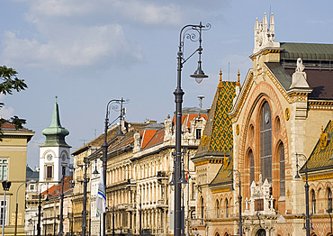 A view of the Pest section of Budapest including Great Market Hall with the colourful tiled roof, Budapest, Hungary, Europe