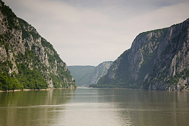 The Danube River flowing through the Kazan Gorge in the Iron Gates Region between Serbia and Romania, Europe