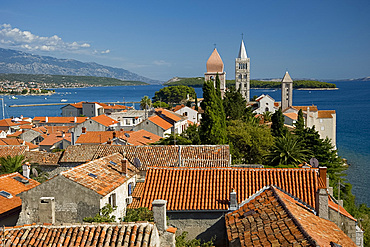 Terracotta rooftops and medieval bell towers in Rab Town, island of Rab, Kvarner region, Croatia, Europe