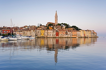 The Cathedral of St. Euphemia and Venetian style buildings in Rovinj at sunrise, Istria, Croatia, Adriatic, Europe