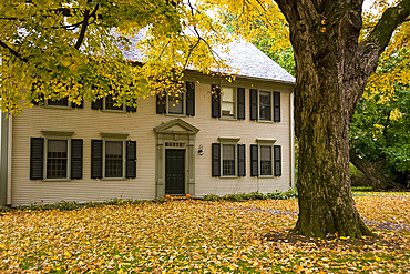 A colonial style house surrounded by autumn leaves in Deerfield, Massachusetts, New England, United States of America, North America