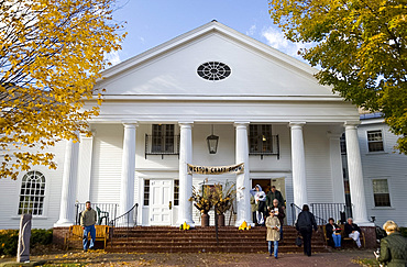 The Weston Town Hall decorated for a craft fair on Columbus Day weekend, Weston, Vermont, New England, United States of America, North America