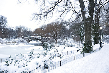 An early morning view of the Gapstow Bridge after a snowfall in Central Park, New York City, New York State, USA