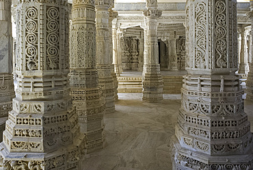 The intricately carved marble interior of the main Jain temple at Ranakpur, Rajasthan, India, Asia