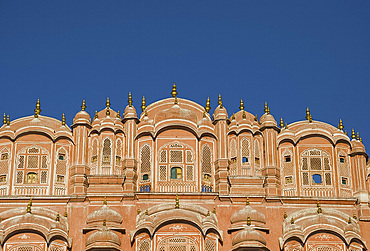 The ornate pink facade of the Hawa Mahal (Palace of the Winds), Jaipur, Rajasthan, India, Asia