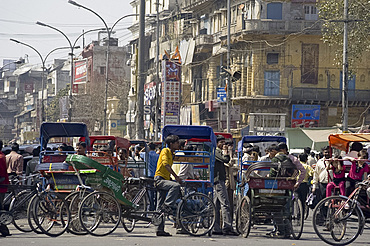 A mass of rickshaws on Chandni Chowk, the main avenue in Old Delhi, India, Asia