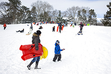 People sledding in Central Park after a snowstorm in New York City, New York State, United States of America, North America