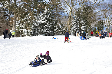 Children sledding in Central Park after a blizzard in New York City, New York State, United States of America, North America