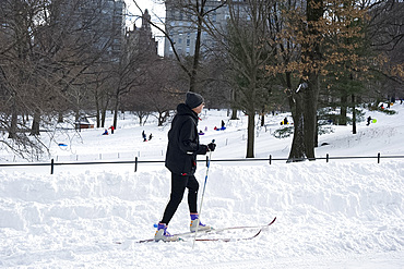 A man on cross country skis in Central Park after a blizzard, New York City, New York State, United States of America, North America