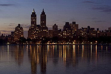 Skyline reflections on the ice on the reservoir in Central Park, New York City, New York State, United States of America, North America