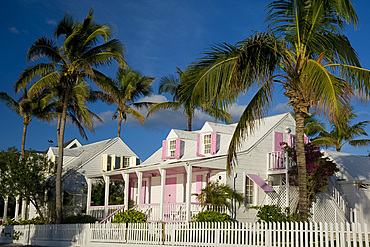 Pastel painted colonial houses in Dunmore Town, Harbour Island, Eleuthera, The Bahamas, West Indies, Caribbean, Central America