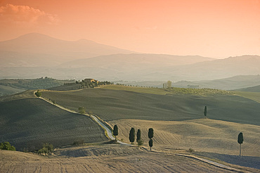 A view toward Tempielle, a hilltop farmhouse near Pienza, Val d'Orcia, UNESCO World Heritage Site, Tuscany, Italy, Europe