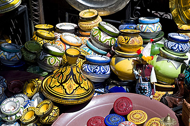 Colourful ceramic pots for sale in the souk in Marrakech, Morocco, North Africa, Africa