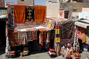 Colourful wool carpets hanging in the souk in Marrakech,  Morocco, North Africa, Africa