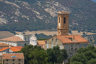 An elevated view of the picturesque village of Aregno in the inland Haute Balagne region, Corsica, France, Europe