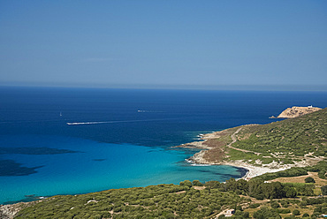 An aerial view of the Corsican coast near L'Ile Rousse in the Haute-Balagne region, Corsica, France, Mediterranean, Europe