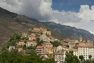 A view toward the citadel of the mountain town of Corte in central Corsica, France, Europe