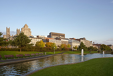 An early morning view of the Montreal skyline from the Parc des Ecluses, Montreal, Quebec Province, Canada, North America