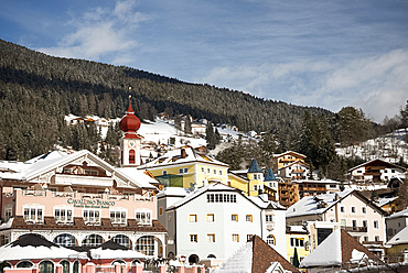 The town of Ortisei in the Dolomites near the Alpe di Siusi ski resort, South Tyrol, Italy, Europe