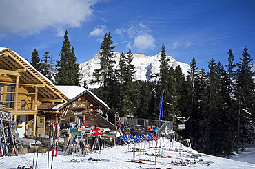 A mountain restaurant at the Alta Badia ski resort in the Dolomites in the South Tyrol, Italy, Europe