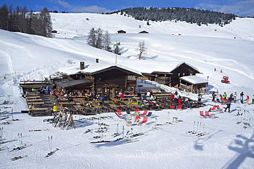 An aerial view of a mountain restaurant in the Alpe di Suisi ski resort near the town of Ortisei in the Dolomites, South Tyrol, Italy, Europe