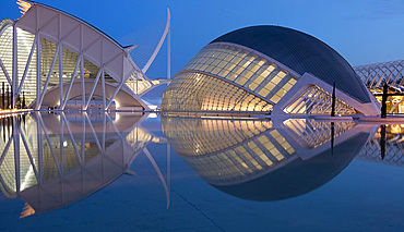 A view of the Hemisferic and Agora buildings in the City of Arts and Sciences at dusk, Valencia, Valenciana, Spain, Europe