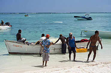 Fishermen unloading their catch on a beach on Le Morne Brabant Peninsula on the south west coast of Mauritius, Indian Ocean, Africa